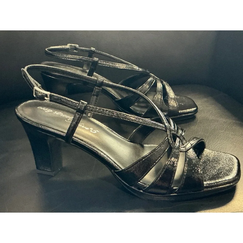 Easy Street Valorie Sandals Womens 7.5W Black‎ Crinkled Strappy Heels